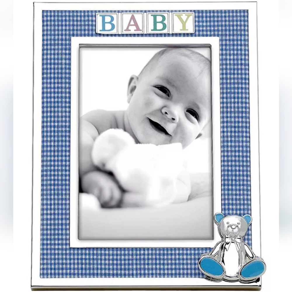 NWT Reed & Barton Gingham Baby Boy Picture Frame 3-D Bear